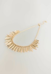 Gold-tone necklace with dangling rectangular bars evenly spaced along a delicate chain, laid flat on a light surface.