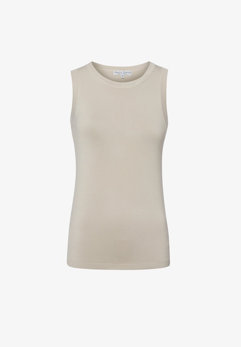 Top beige senza maniche in maglia con scollo rotondo, orlo dritto e piccola etichetta bianca all'interno del colletto con la scritta "Marie Lund Copenhagen."
