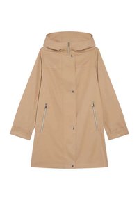 Impermeabile beige con cappuccio, chiusura frontale con bottoni a pressione e due tasche laterali con zip. Texture liscia, design alla lunghezza del ginocchio e maniche arrotolate.