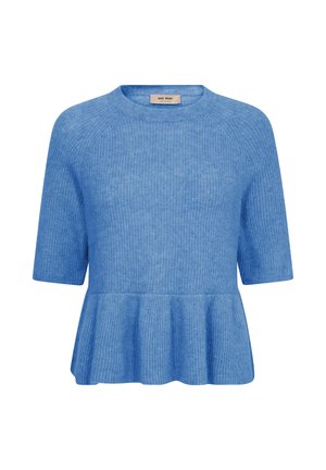 Suéter corto de manga corta tejido en azul con escote redondo y dobladillo peplum, que presenta un patrón texturizado suave.