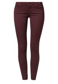Vaqueros skinny de color vino, confeccionados en denim suave con un diseño clásico de cinco bolsillos y cremallera, que presentan costuras mínimas y sin adornos.