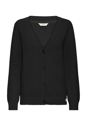 Cardigan nero in maglia con scollatura a V, maniche lunghe, chiusura con bottoni e polsini e bordo a costine. Presenta un piccolo logo sul lato.