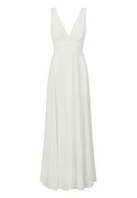 Robe blanche sans manches, longue jusqu'au sol, avec un décolleté en V profond, un corsage froncé et un tissu fluide, comportant des plis verticaux sur la jupe.