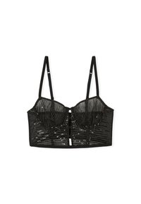 Schwarzes, mit Pailletten besetztes Bralette mit strukturiertem Design, verstellbaren Trägern, gefüttertem Oberteil und zentraler Hakenverzierung.