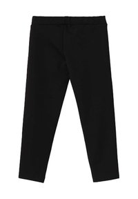 Pantaloni neri con un design slim-fit, caratterizzati da una texture liscia e una vita standard senza hardware o accenti visibili.