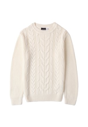 Pull torsadé de couleur crème avec manches longues et poignets, col et ourlet côtelés, posé à plat sur fond blanc.