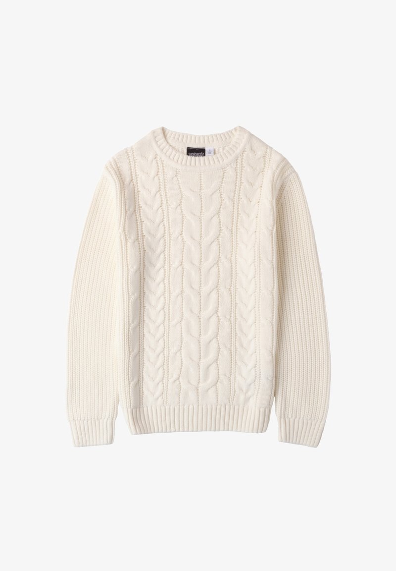 Pull torsadé de couleur crème avec manches longues et poignets, col et ourlet côtelés, posé à plat sur fond blanc.