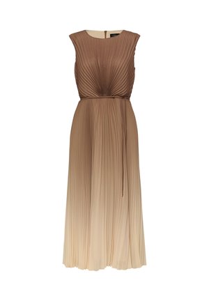 Sukienka midi bez rękawów, plisowana, z gradientem kolorów od brązowego do beżowego, z okrągłym dekoltem i cienkim paskiem w talii, prezentowana na białym tle.