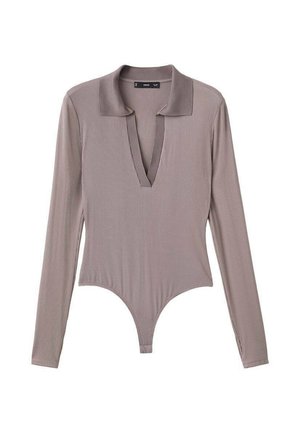 Bodi z dolgimi rokavi iz lahek taupe rebraste tkanine, z globokim V-izrezom in klasičnim ovratnikom ter tangicami na dnu. Gladek teksturni, oprijet dizajn.