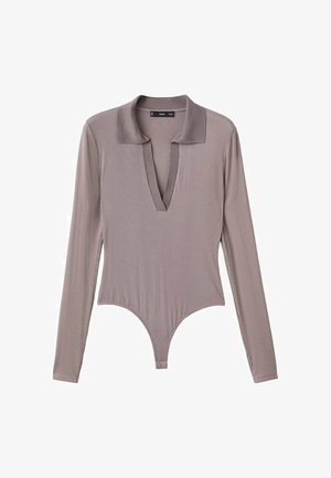 Bodi z dolgimi rokavi iz lahek taupe rebraste tkanine, z globokim V-izrezom in klasičnim ovratnikom ter tangicami na dnu. Gladek teksturni, oprijet dizajn.