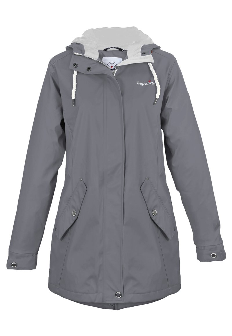 Grau wasserfeste Jacke mit einer weißen Fleece-fütterten Kapuze, Seitentaschen und Zugverschlüssen. Verfügt über einen leicht geschwungenen Saum und einen Reißverschluss vorne.