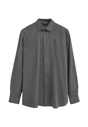 Camicia grigio scuro a maniche lunghe con bottoni, colletto e piccolo logo ricamato sul petto sinistro.