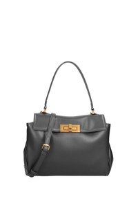 Borsa in pelle grigia con chiusura a ribalta, clasp in metallo dorato, tracolla removibile e superficie liscia.