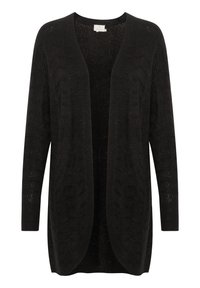 Svart stickad cardigan med öppen framsidan, långa ärmar och mönstrad struktur. Tillverkad av lätt tyg; utan knäppningar.