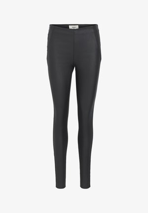 Leggings de piel sintética negra con un ajuste ceñido, textura suave y sin herrajes visibles. Diseño simple con color sólido.