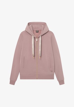 Mauve lynlås-hoodie med to forlommer, satin snørebånd, ribstrikkede manchetter og hætte.