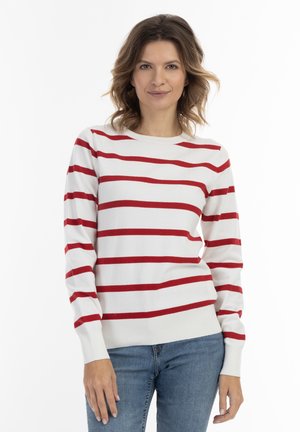 Pullover cu dungi roșii și albe, cu guler rotund și mâneci lungi, fabricat dintr-un material moale de tricot, având manșete și tiv cu textură ribb.