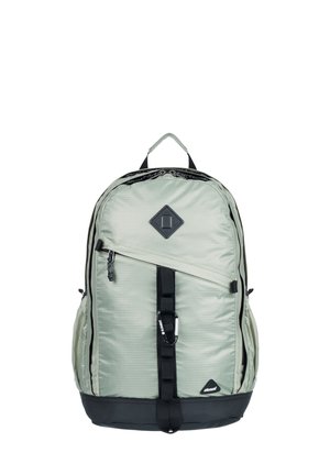 Light gray backpack with black accents, featuring a textured fabric, multiple compartments, a diamond-shaped logo, and a top carry handle.