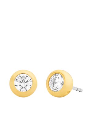 Goldene Ohrstecker mit runden klaren Diamanten, gefasst in glatten, gelbgoldenen Fassungen und silbernen Stegen für durchbohrte Ohren.
