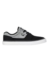 Black and gray canvas sneakers with lace closure, white rubber outsole, and contrasting top stitching. Features logo on tongue.