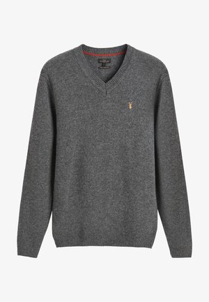 Grauer V-Ausschnitt Langarm-Wollpullover für Herren mit gerippten Bündchen und Saum, mit einem kleinen bestickten beigen Hirsch-Logo auf der Brust.