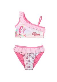 Bikini rose à une épaule avec des volants, featuring un graphique de licorne sur le haut et un motif floral sur le bas.