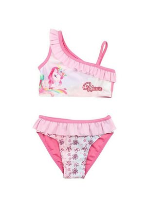 Bikini rose à une épaule avec des volants, featuring un graphique de licorne sur le haut et un motif floral sur le bas.