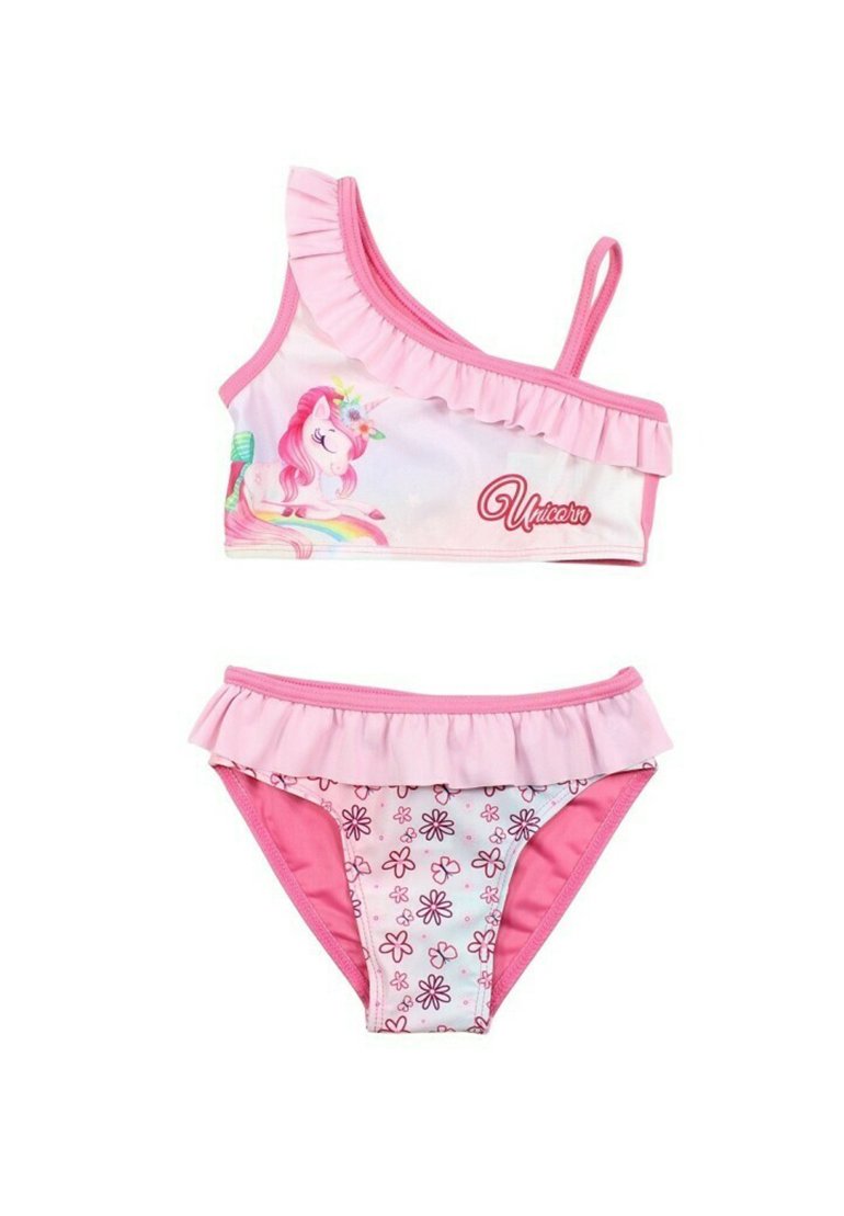Bikini rose à une épaule avec des volants, featuring un graphique de licorne sur le haut et un motif floral sur le bas.