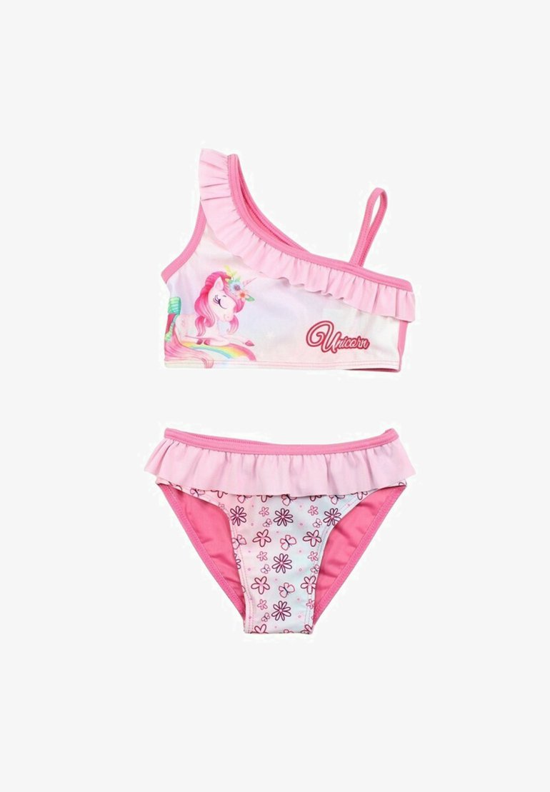 Bikini rose à une épaule avec des volants, featuring un graphique de licorne sur le haut et un motif floral sur le bas.