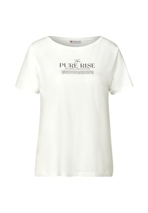 T-shirt bianco in cotone con vestibilità rilassata, colletto rotondo e maniche corte. Il davanti presenta un testo nero con scritto "The PURE RISE."