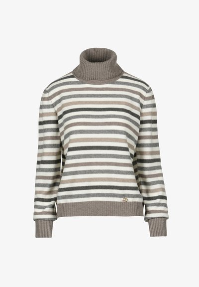 Pruhovaný rolák z měkké látky, který se pyšní střídajícími se odstíny šedé, béžové a krémové, s hřebínkovými detaily na krku a spodním lemu.