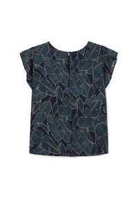 Blusa blu navy con maniche corte a sbuffo, decorata con una stampa di foglie oro e verde bluastro. Dettaglio posteriore a chiave che migliora il design. Tessuto di superficie liscia.