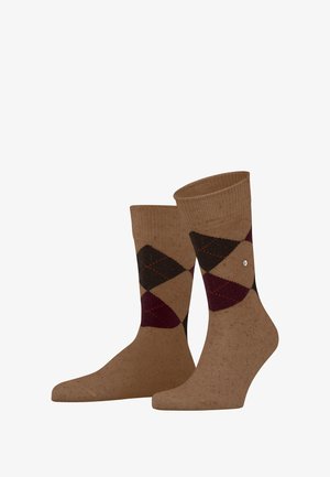 Brown mid-calf socks with an argyle pattern in dark brown, burgundy, and orange stitching, displayed upright on a white background.