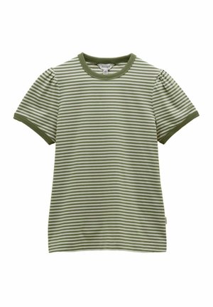 Lasten lyhythihainen t-paita, jossa on vihreitä ja valkoisia vaakaraitoja, pyöreä pääntie ja hieman pussimaiset hihat.