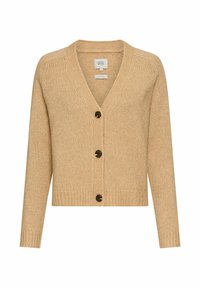 Beige Wolle-Mischung Cardigan mit V-Ausschnitt, langen Ärmeln und drei dunklen Knöpfen auf der Vorderseite. Strukturierte Strickoptik, cropped Schnitt.