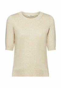 Lys beige strikket sweater med korte ærmer, rund halsudskæring og en glat tekstur. Har subtile ribber ved ærmerne og kanten.