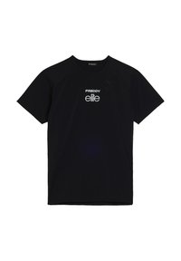 Camiseta negra de manga corta hecha de una tela suave. Presenta un cuello redondeado y un diseño de logo blanco en el frente.