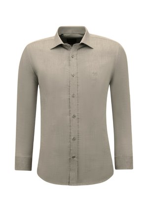 Lichtgrijs overhemd met knopen en lange mouwen, gemaakt van een gestructureerde stof. Heeft een klassieke kraag en een subtiel logo op de borst.