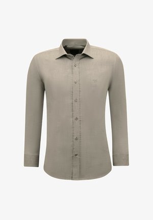 Lichtgrijs overhemd met knopen en lange mouwen, gemaakt van een gestructureerde stof. Heeft een klassieke kraag en een subtiel logo op de borst.