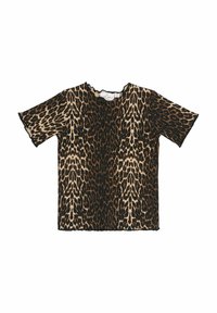 T-maica z leopardjim vzorom s kratkimi rokavi, okroglim izrezom in ohlapnim krojem. Tkanina ima gladko teksturo z črnim in rjavim vzorcem.