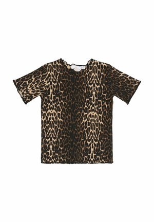 Leopardmönstrad t-shirt med korta ärmar, rund halsringning och lös passform. Tyget har en jämn textur med svart och brunt mönster.