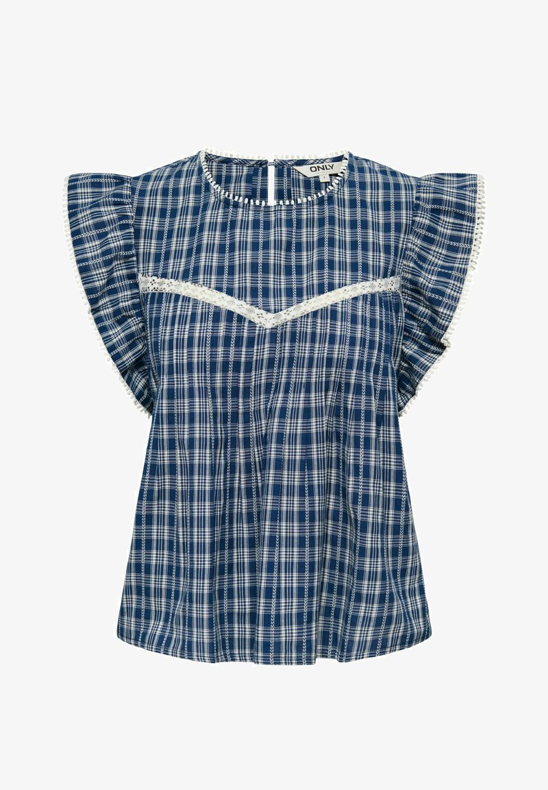 Blouse à carreaux bleue et blanche avec manches courtes volantées et bordure en dentelle blanche sur la poitrine et aux bords des manches.