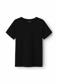 Černé triko s krátkým rukávem vyrobené z měkké látky, s kulatým výstřihem a rovním lemem. Jednoduchý, minimalistický design bez vzorů.