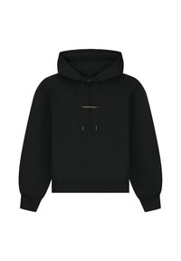 Zwarte hoodie van katoen, met een trekkoordcapuchon, lange mouwen, geribbelde manchetten en een klein gouden logo aan de voorkant.
