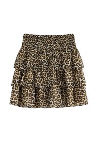 Gonna con stampa leopardata con vita arricciata, caratterizzata da tre strati di rouches. I colori includono beige, marrone e nero in un tessuto morbido.