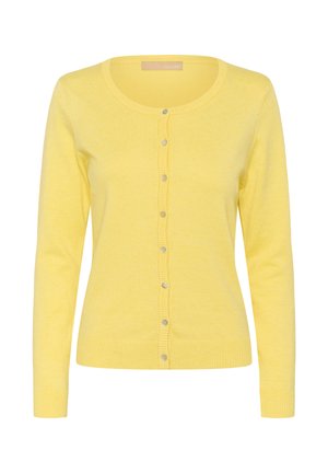 Cardigan jaune en tricot avec un col rond, des manches longues et un devant à boutons comportant six boutons. Poignets et ourlet côtelés.