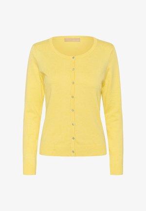 Cardigan jaune en tricot avec un col rond, des manches longues et un devant à boutons comportant six boutons. Poignets et ourlet côtelés.