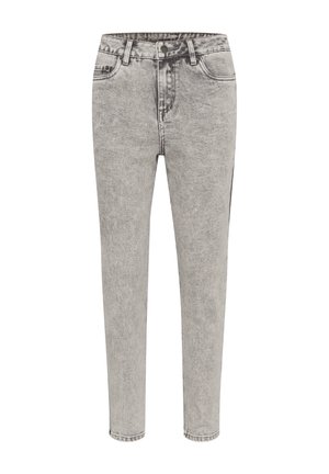 Blugi din denim gri cu o croială ajustată, design cu cinci buzunare, fermoar și textură decolorată. Prezintă accente de cusătură și închidere cu nasture.