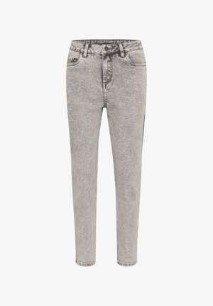 Jeans in denim grigio con una vestibilità slim, design a cinque tasche, zip frontale e texture sbiadita. Presentano dettagli di cucitura e chiusura a bottone.