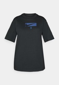 Black cotton t-shirt with short sleeves and a round neckline. Features a blue Nike logo on the front within a rectangular graphic.